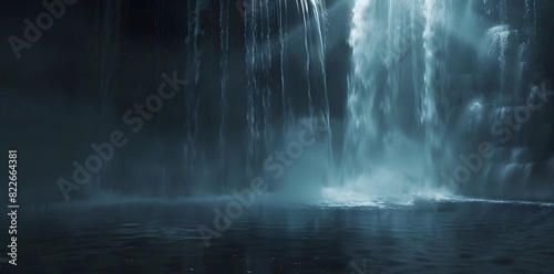Abstract Misty Waterfalls with Light Rays in Dark Room