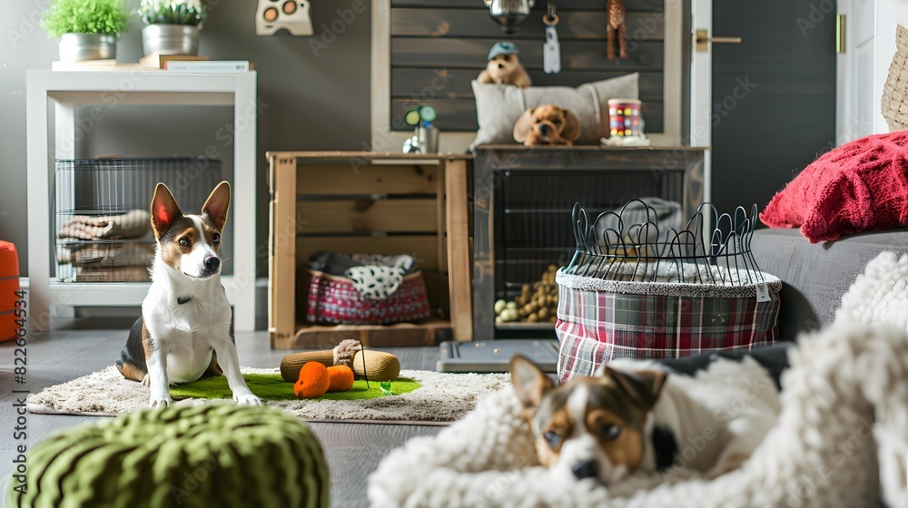 Pet hotel interior room design. Dog lodging resort and care facility. Jack Rassel Terriers relaxing Pet hotel interior room design. Dog lodging resort and care facility. Jack Rassel Terriers relaxing