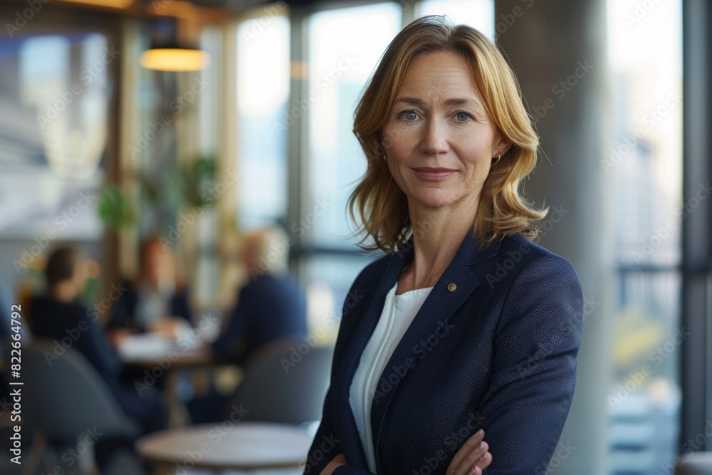 Fototapeta premium Professional businesswoman in a suit standing confidently in an office setting with colleagues discussing in the background