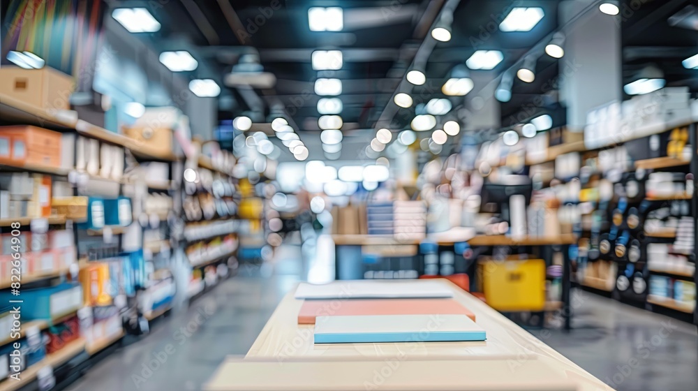 Fototapeta premium Blurred Office Supply Store Background, Minimalist defocused business interior, Industrial concept