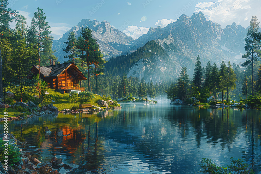 A tranquil lakeside retreat surrounded by towering pine trees, offering a serene escape from the hustle and bustle of city life. Concept of nature appreciation and relaxation. Generative Ai.