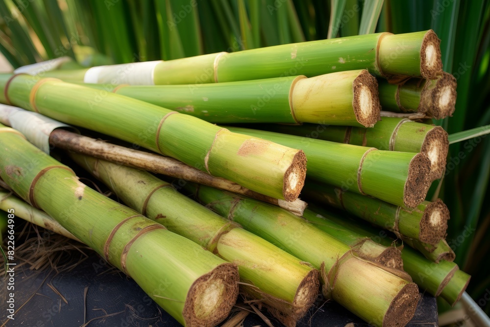 Verdant Sugarcane green plant field closeup photo. Agriculture fresh rural plantation harvest. Generate Ai Verdant Sugarcane green plant field closeup photo. Agriculture fresh rural plantation harvest. Generate Ai