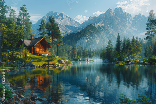 A tranquil lakeside retreat surrounded by towering pine trees, offering a serene escape from the hustle and bustle of city life. Concept of nature appreciation and relaxation. Generative Ai. © Sebastian