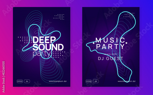 Party Banner. Festival Cover. Psychedelic Disco Illustration. Techno Electro Element. Discotheque Magazine. Violet Sound Set. Blue Fest Poster. Pink Party Banner