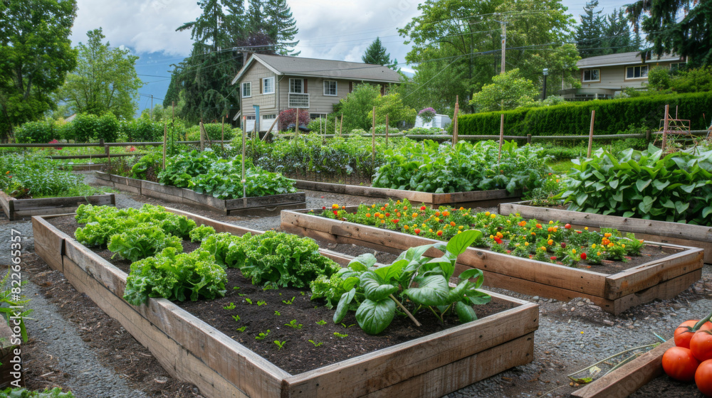 Raised garden beds flourishing with vegetables in a lush green suburban backyard setting, emphasizing sustainable living. Raised garden beds flourishing with vegetables in a lush green suburban backyard setting, emphasizing sustainable living.