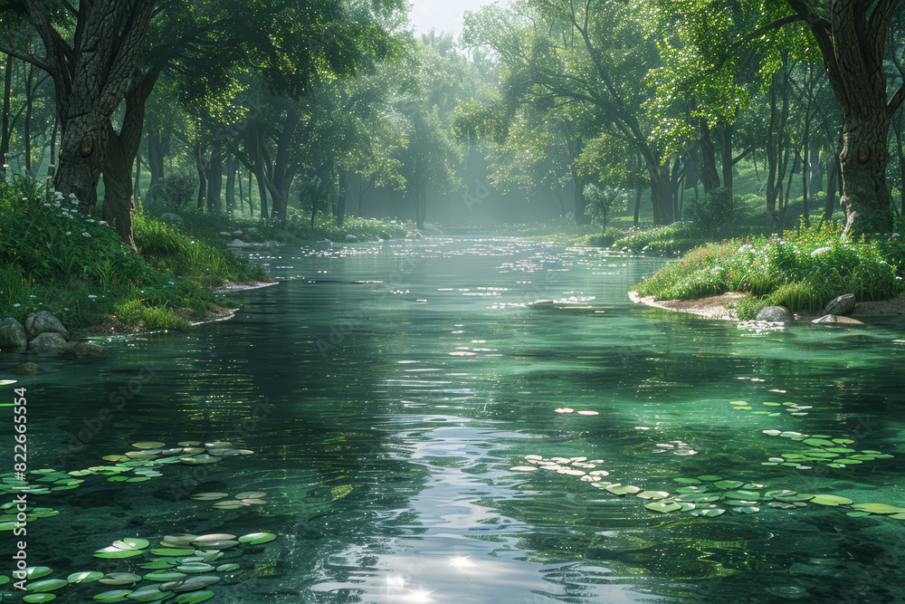 Obraz premium A tranquil riverside retreat enveloped by lush greenery, the gentle murmur of the water soothing the soul and calming the mind. Concept of natural serenity and introspection. Generative Ai.