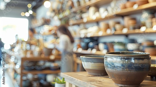 Blurred Pottery Shop Background  Earthy Tones defocused business interior  Cozy and Rustic concept