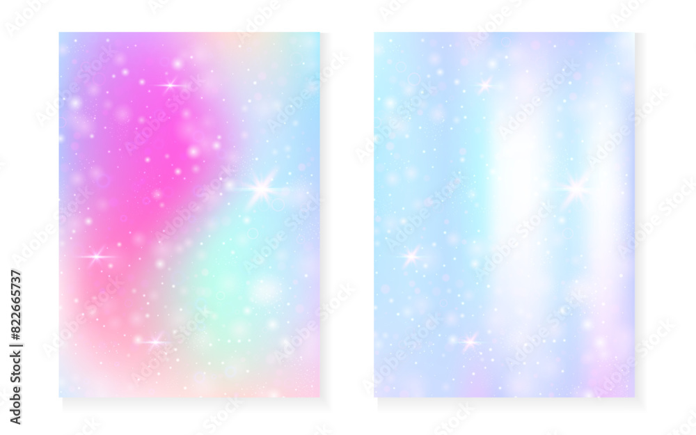 Rainbow background with kawaii princess gradient. Magic unicorn hologram. Holographic fairy set. Creative fantasy cover. Rainbow background with sparkles and stars for cute girl party invitation. Rainbow background with kawaii princess gradient. Magic unicorn hologram. Holographic fairy set. Creative fantasy cover. Rainbow background with sparkles and stars for cute girl party invitation.
