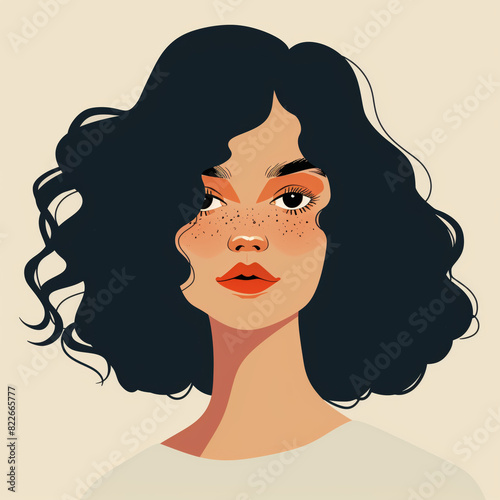 A stylized illustration of a woman with curly hair in a serene and calm expression, set against a warm background.
