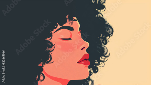 Artistic illustration of a woman with curly hair, showcasing a pensive expression against a soft  background.
