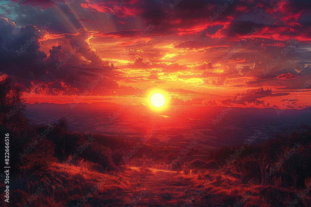A breathtaking sunset painting the sky in hues of crimson and gold, casting a warm glow over the landscape. Concept of natural beauty and wonder. Generative Ai