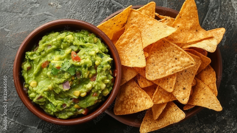 Guacamole bowl and corn chips dipped in it on white background. Top view. Guacamole bowl and corn chips dipped in it on white background. Top view.