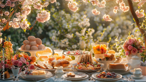 Lavish garden breakfast spread featuring assorted pastries, fruits, and flowers in sunlight.