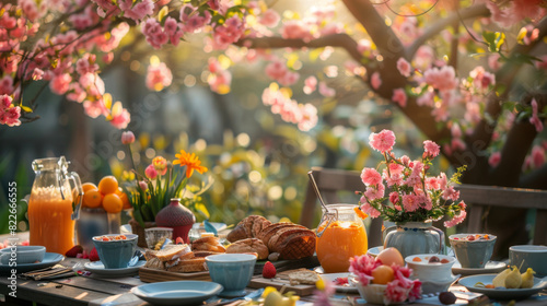 Beautiful outdoor breakfast table setup with pastries and flowers under blooming trees.