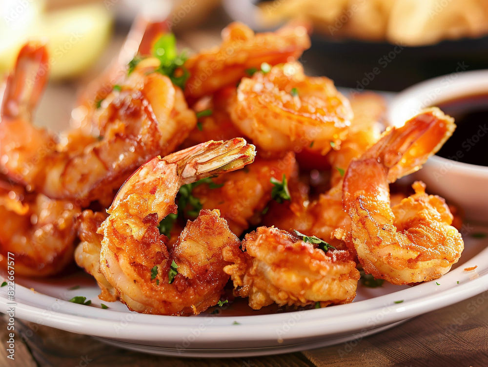 delicious looking deep fried shrimp with a dipping sauce delicious looking deep fried shrimp with a dipping sauce