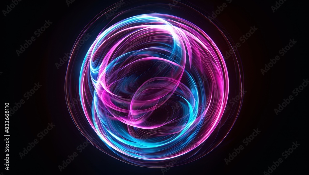Abstract neon pink and blue glowing circular shapes on black background, perfect for video mapping or motion graphics Generative AI Abstract neon pink and blue glowing circular shapes on black background, perfect for video mapping or motion graphics Generative AI