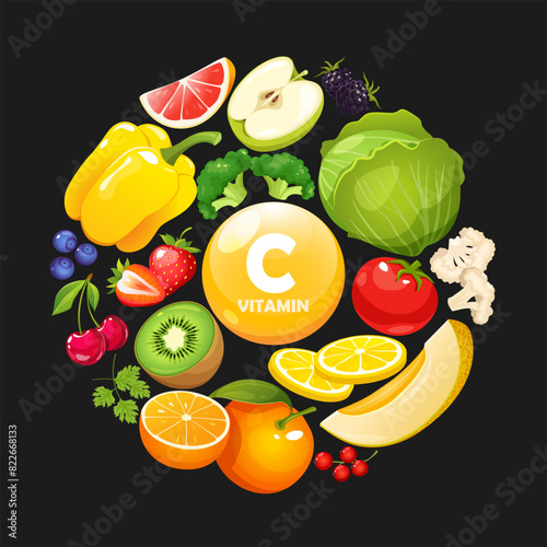 Vector illustration of vitamin C-enriched fruits and vegetables for healthy lifestyle.	

