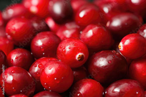Red cranberries with drops background with copy space. Organic farm food, vegetarian, fresh market, healthy products. Macro, close up.