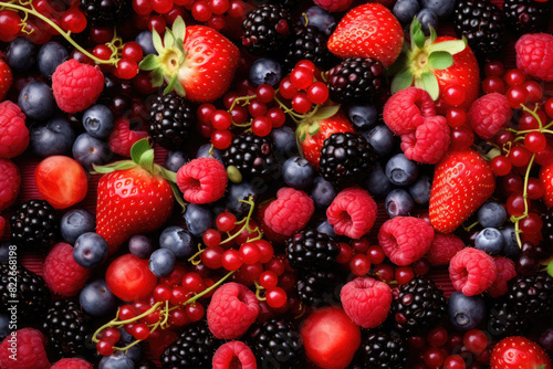Fresh summer berries mix background with strawberry, raspberry, red currant, cherry, blueberry and blackberry, top view. Organic farm food.