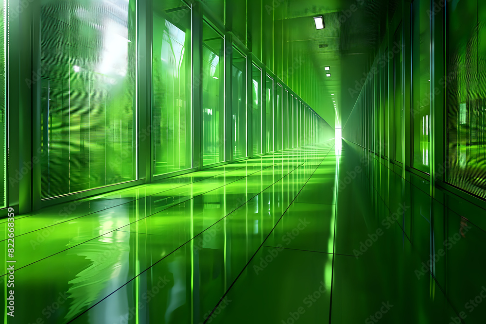 Futuristic green corridor with reflective surfaces and bright lighting ...