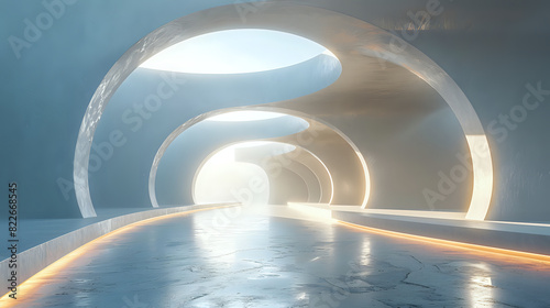 Futuristic hallway with curved walls and soft lighting, creating a sleek and modern aesthetic. Ideal for architectural presentations, sci-fi themes, and innovative design projects.