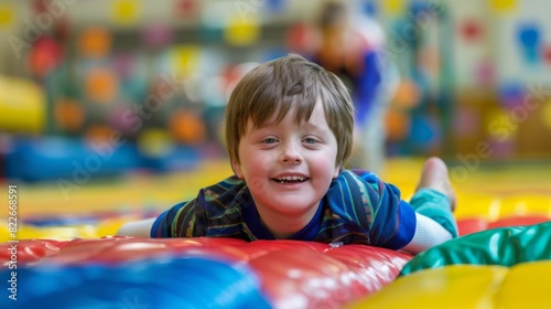 A young boy is laying on a colorful mat, smiling and looking at the camera