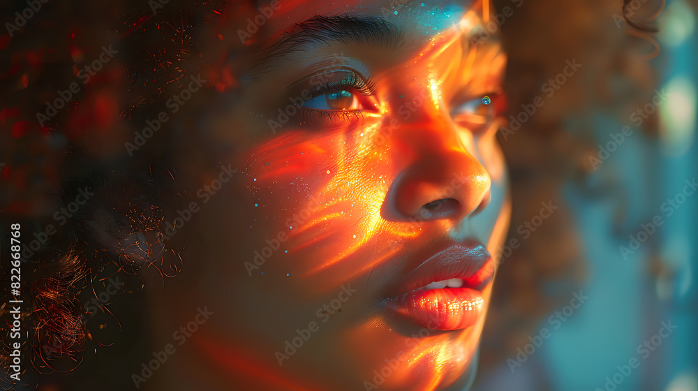 Portrait of a woman with light reflections creating abstract patterns on her face, evoking a sense of wonder and introspection. Perfect for artistic projects, creative photography, and inspirational v