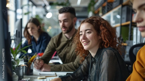 A group of people are sitting at a desk with a woman in a black shirt smiling © G-Media