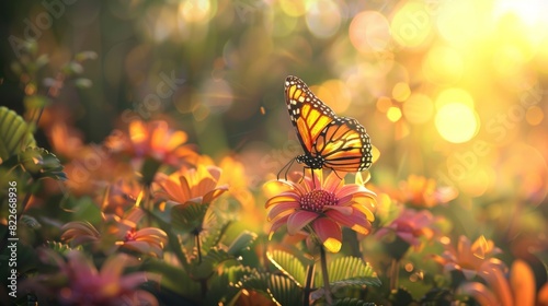 A butterfly rests on a flower adding a touch of whimsy to the peaceful scene. © Justlight