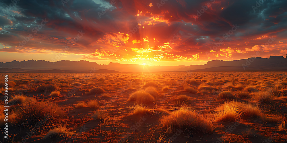Sunset Desert Landscape: Warm Hues, Brown Sand, Rocky Terrain Sunset Desert Landscape: Warm Hues, Brown Sand, Rocky Terrain