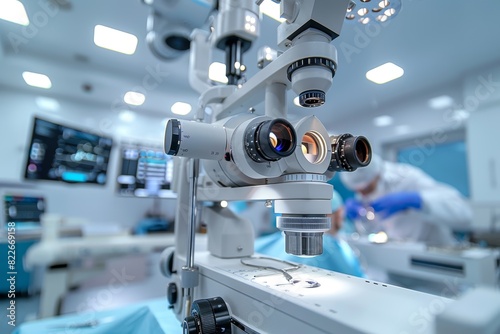 A surgical microscope in the operating room of a modern ophthalmological clinic. Vision correction, cataract treatment photo