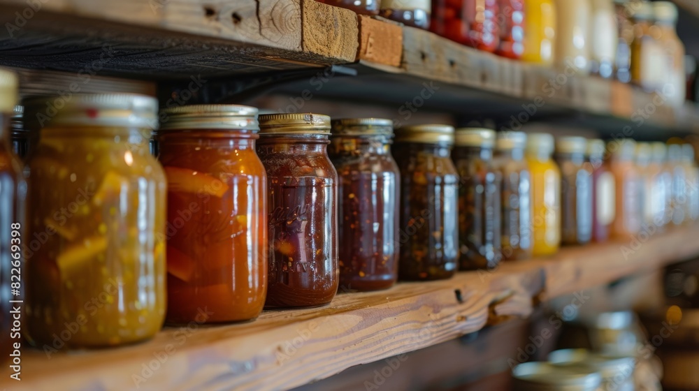 A shelf of neatly arranged mason jars filled with homemade stocks and sauces for added depth to the meal. A shelf of neatly arranged mason jars filled with homemade stocks and sauces for added depth to the meal.