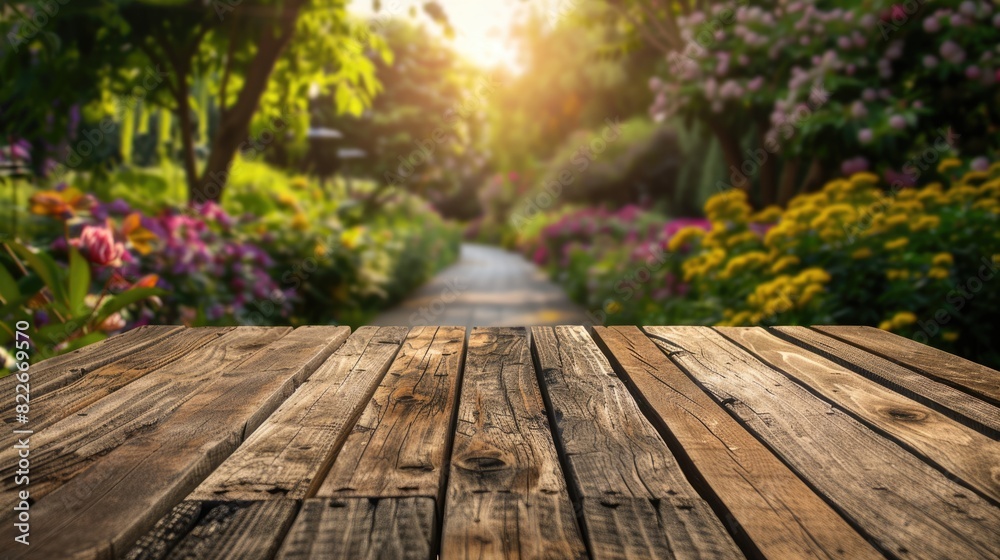 Outdoor Table. Wooden Display Table in Natural Garden Summer Background