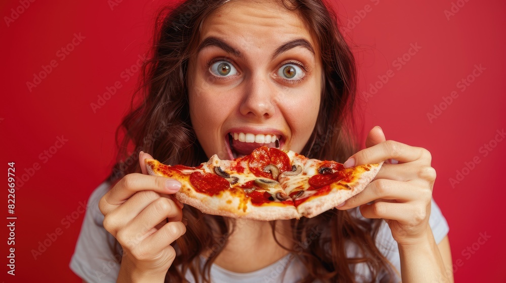 Eating Fast Food. Attractive Woman Enjoying Delicious Italian Pizza with Joy