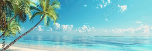 Palm Trees Ocean. Summer Beach with Coconut Trees and Blue Ocean in 3D Background Illustration © Popelniushka