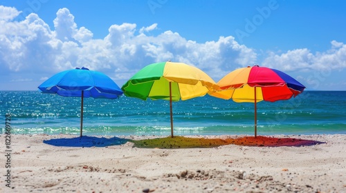 Umbrellas Beach Umbrella Trio. Colourful Beach Umbrellas Providing Shade on Summer Vacation