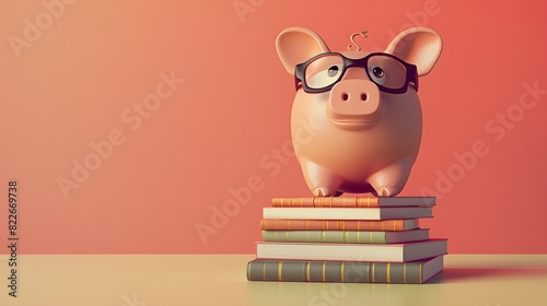 a piggy bank with glasses standing on books in concept learning for financial investment