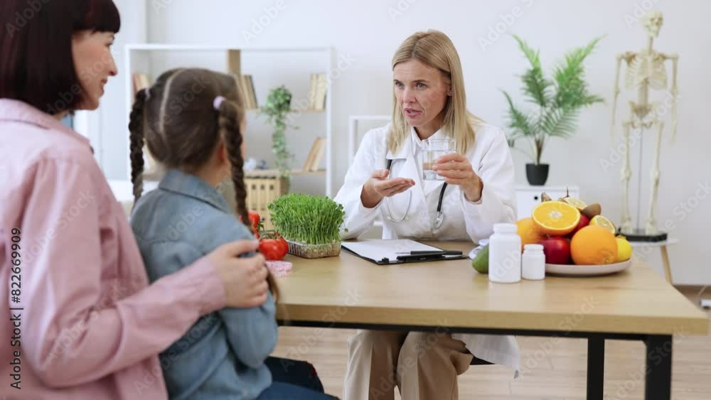 Pediatrician makes treatment plan for diseases of gastrointestinal tract. Mature experienced female nutritionist talks about importance of water balance in healthy diet for child patient and mother. Pediatrician makes treatment plan for diseases of gastrointestinal tract. Mature experienced female nutritionist talks about importance of water balance in healthy diet for child patient and mother.