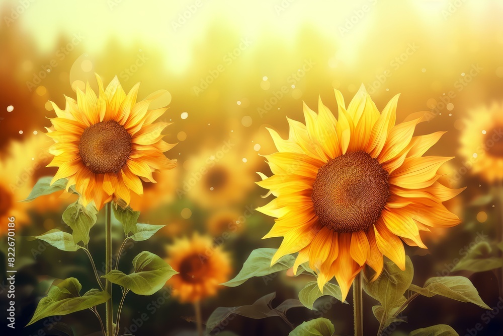 Obraz premium Beautiful rural landscape with vibrant sunflowers glowing in the warm golden hour sunlight, creating a serene and tranquil scenery in the countryside during the summer evening sunset