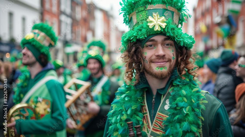 Joyful participant dressed in vibrant green celebrating St. Patrick's Day at a parade. Joyful participant dressed in vibrant green celebrating St. Patrick's Day at a parade.