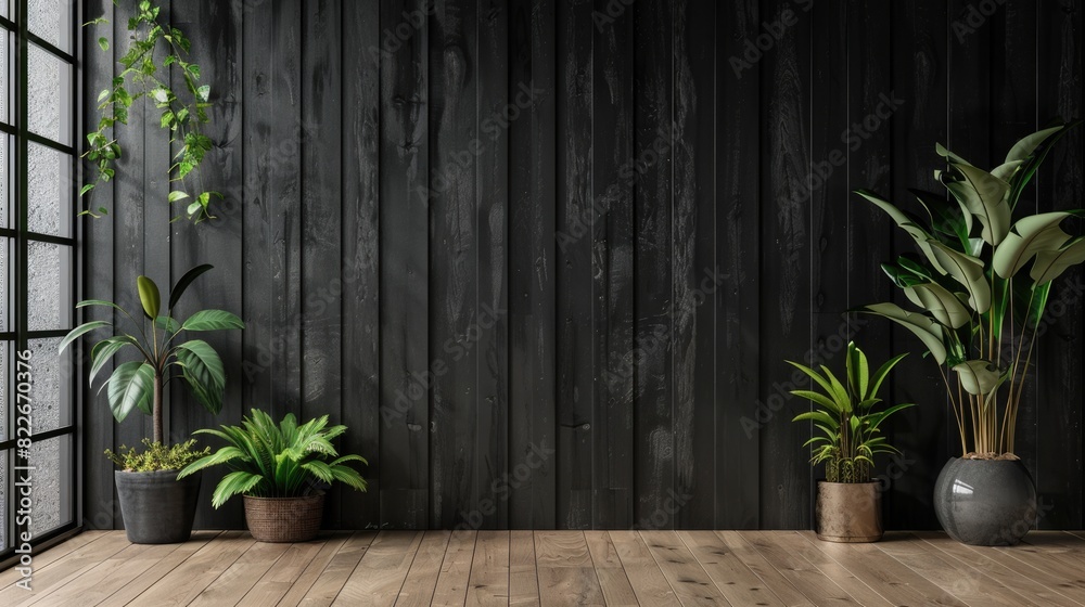 Wood 3D. Black Interior Apartment with Wooden Wall Panel and Plants Wood 3D. Black Interior Apartment with Wooden Wall Panel and Plants