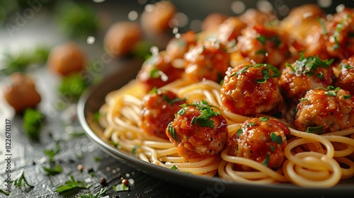 Macro top view falling ingredients spagetti presto, sliced meatballs photo