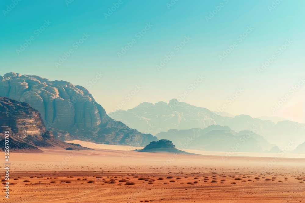 Desert Background. Tranquil Landscape of Dry Desert in Wadi Rum, Jordan with Clear Sky Desert Background. Tranquil Landscape of Dry Desert in Wadi Rum, Jordan with Clear Sky
