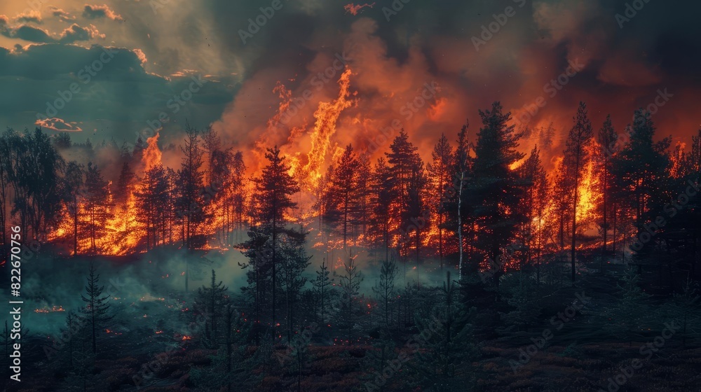 A wildfire raging through a forest, with smoke filling the sky, A wildfire raging through a forest, with smoke filling the sky,