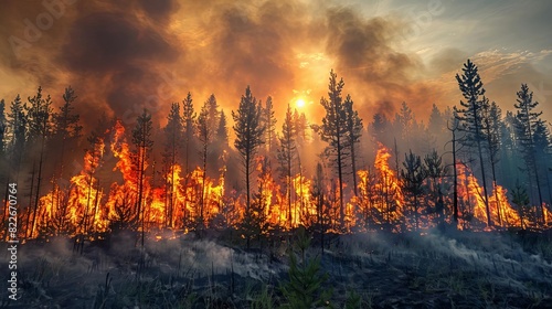 A wildfire raging through a forest, with smoke filling the sky,