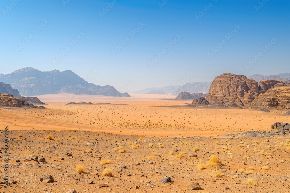 Desert Background. Tranquil Landscape of Wadi Rum, Jordan with Clear Sky and Plenty of Copy Space Desert Background. Tranquil Landscape of Wadi Rum, Jordan with Clear Sky and Plenty of Copy Space