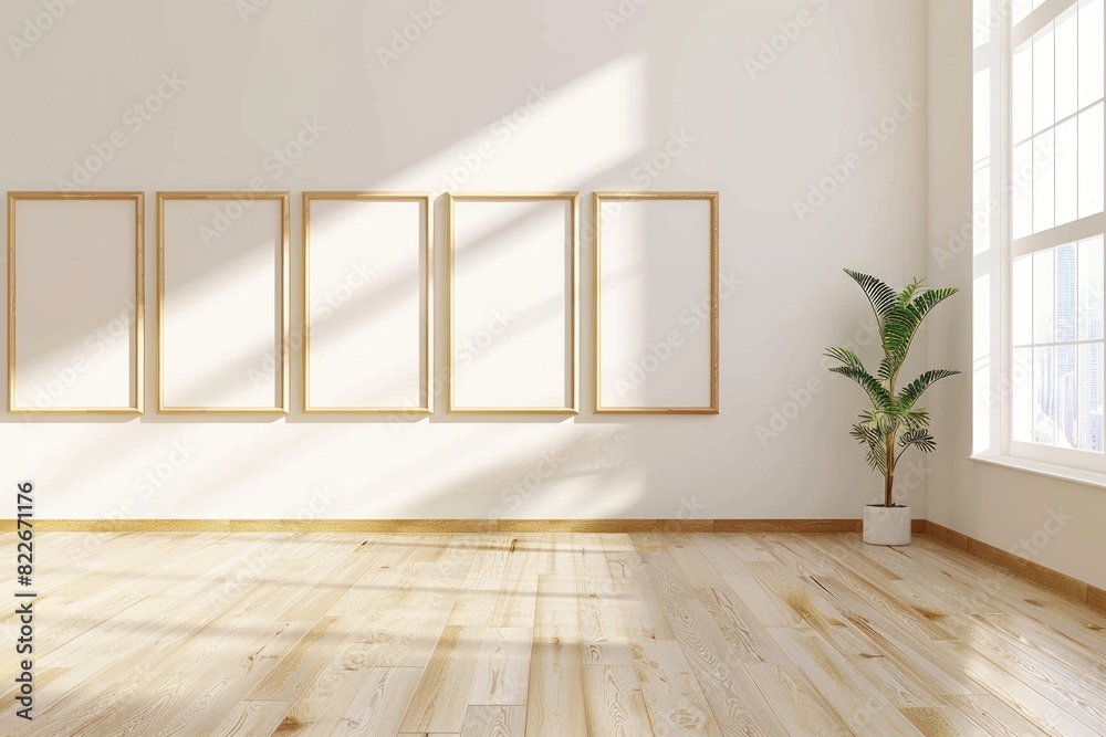 Obraz premium Blank Frames On Wall. Empty Picture Frames Decor on Wooden Gallery Wall