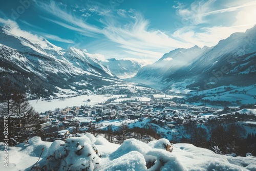 Winter Mountain Background in Switzerland. Engadine Valley Townscape in Graubunden Canton photo