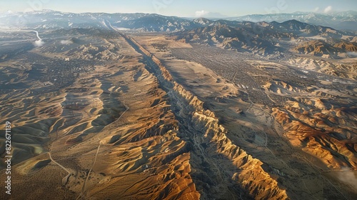 An aerial view of the San Andreas Fault, illustrating tectonic plate interaction, photo