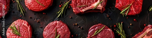 Meat Cuts. Assortment of Raw Beef Steaks and Hamburger Patties on Butcher Background photo
